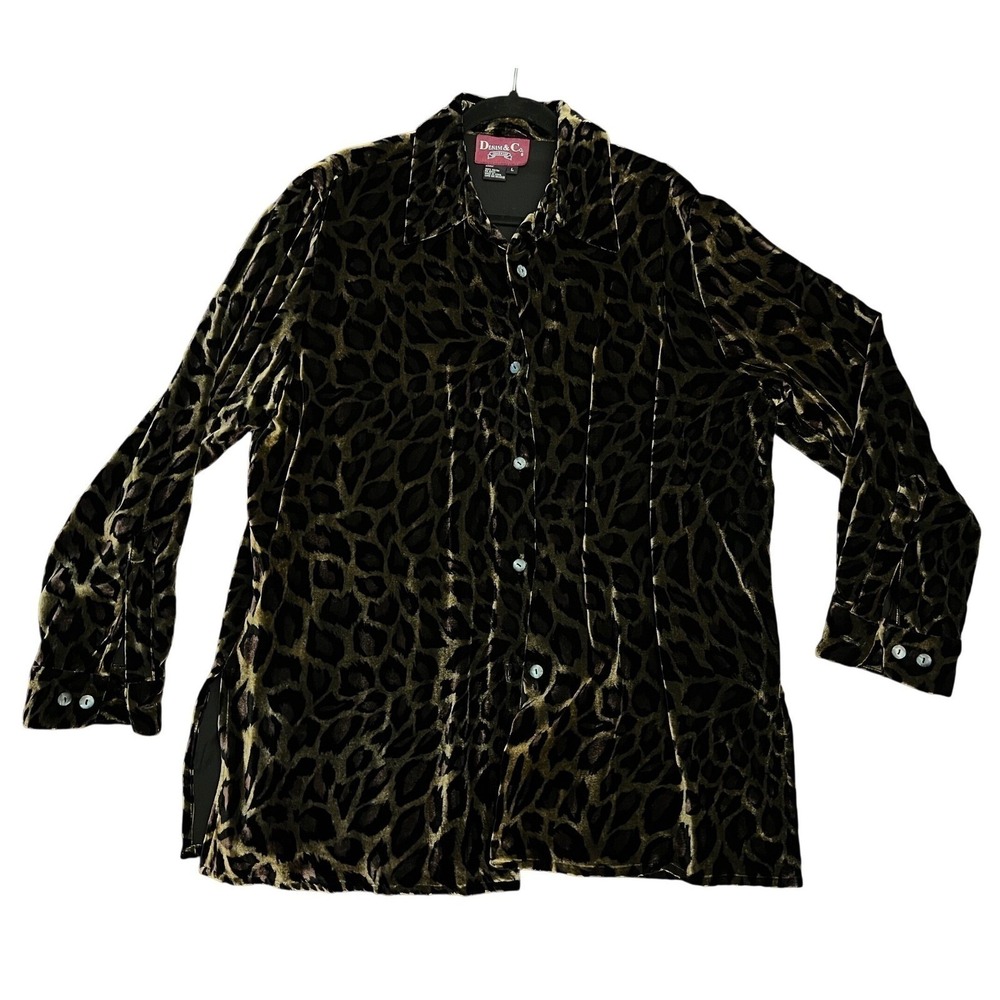 Vtg Denim & Co Leopard Print Velvet Button Down Shirt Brown Black Animal Print L - Picture 5 of 9